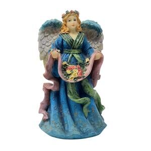 Young's Resin Angel Blue Dress Holding Scarf Filled with Flowers 6" Tall